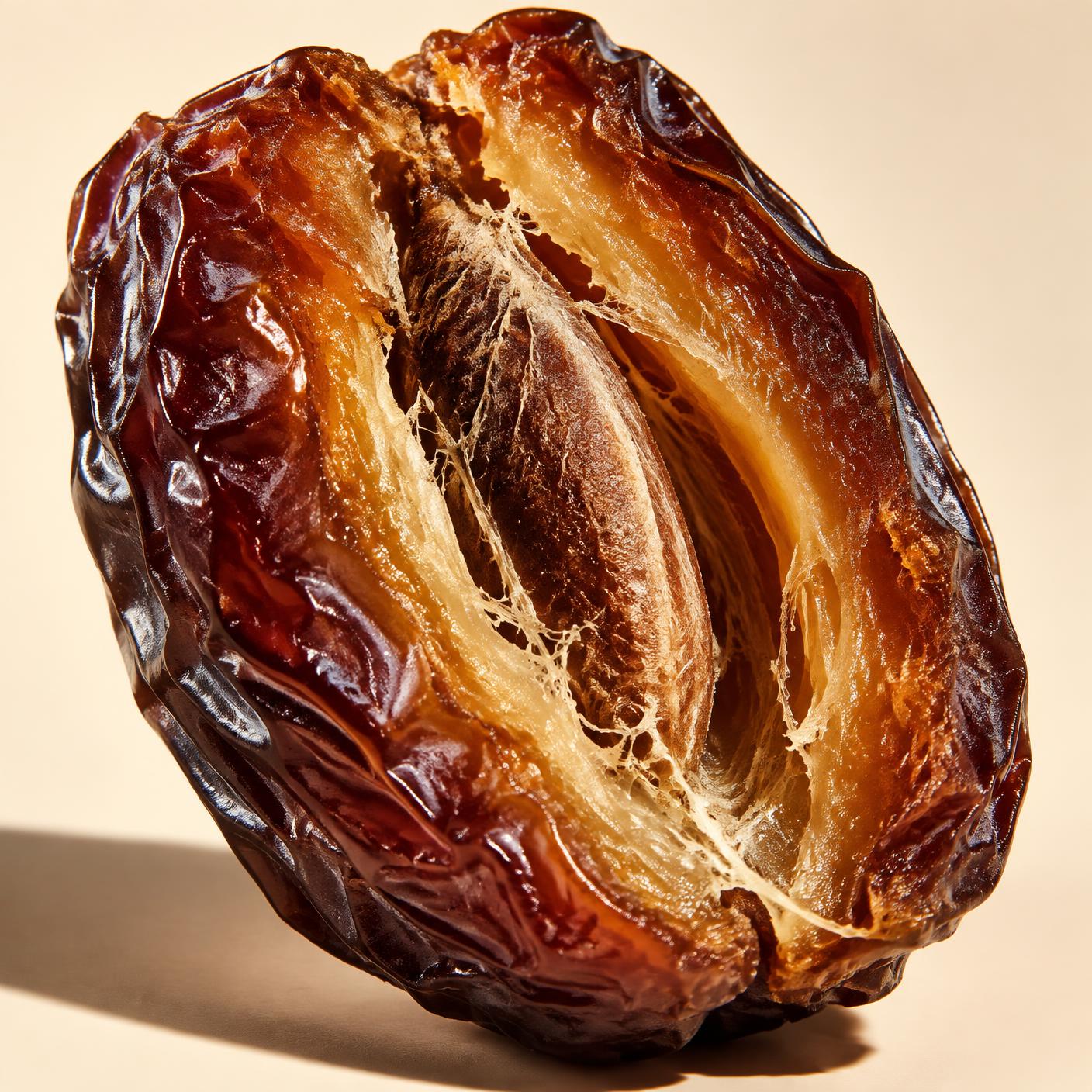 Cut-open date showing its dense, natural texture