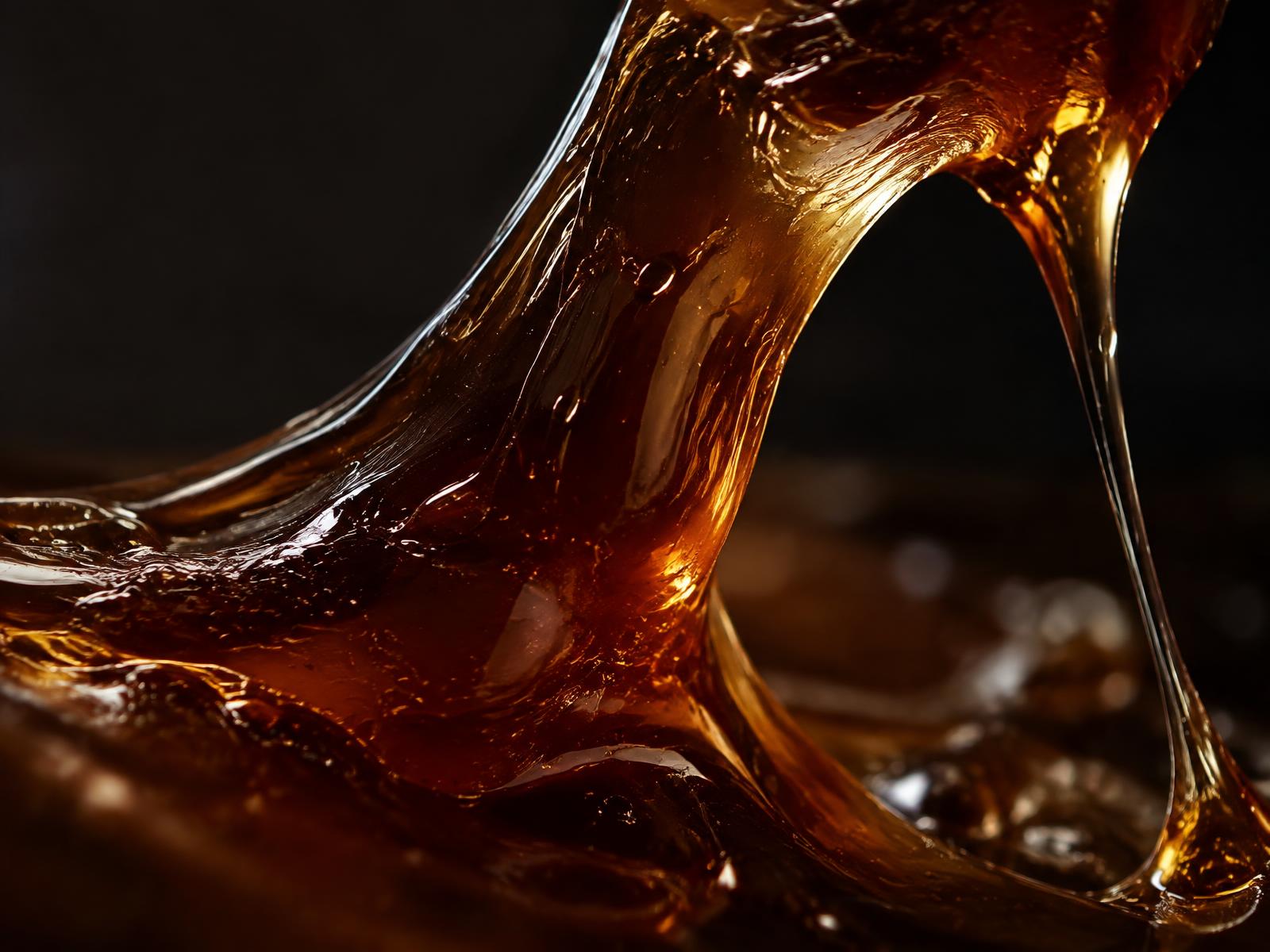 Amber date gel folding through dramatic light