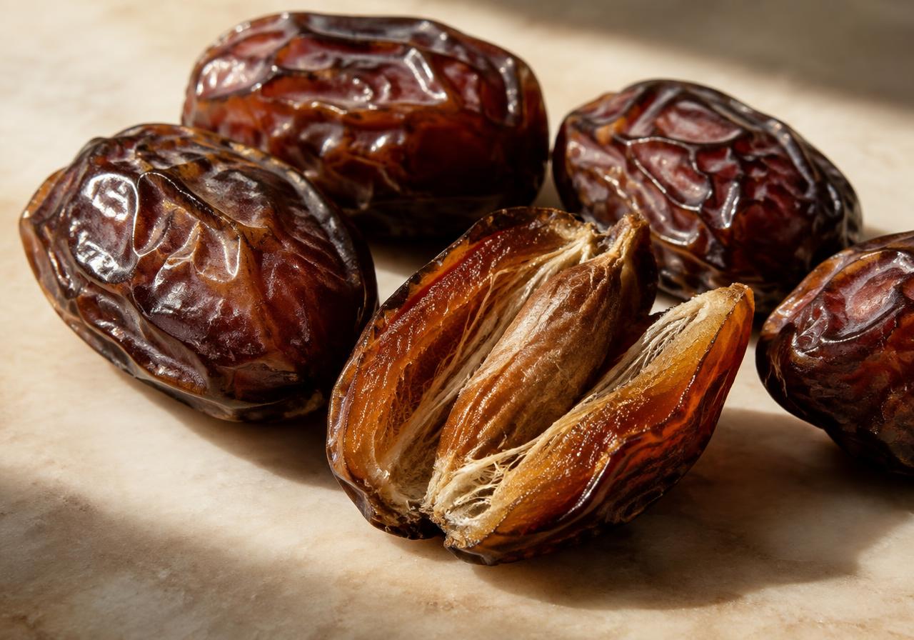 Whole and split dates showing their fibrous amber interior
